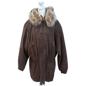 Vintage Bogner Brown Suede Like Apres Ski Jacket Fur Trim Hood Size 10